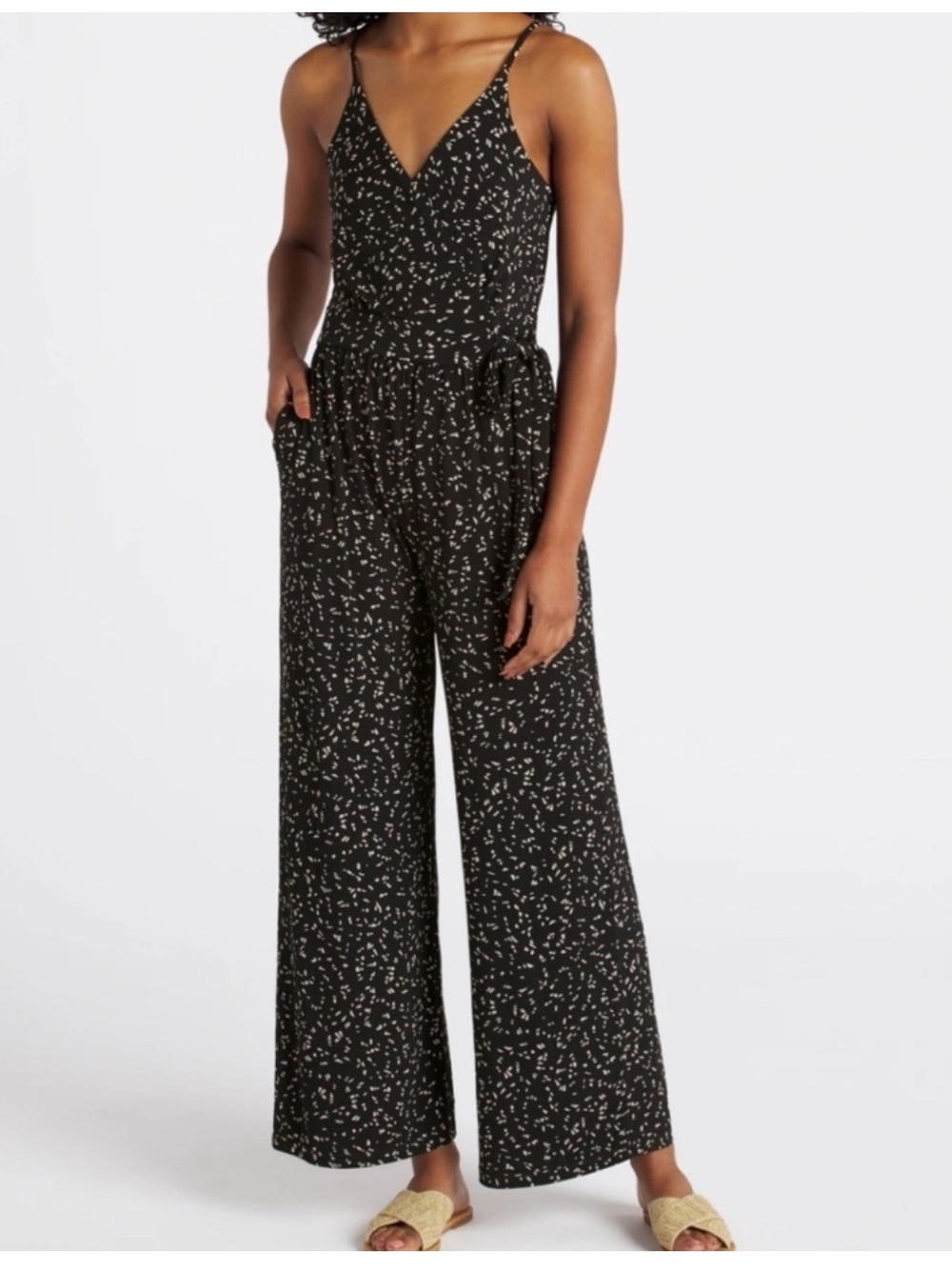 Kaileigh Black Printed Wide-Leg Spaghetti-Strap Jumpsuit